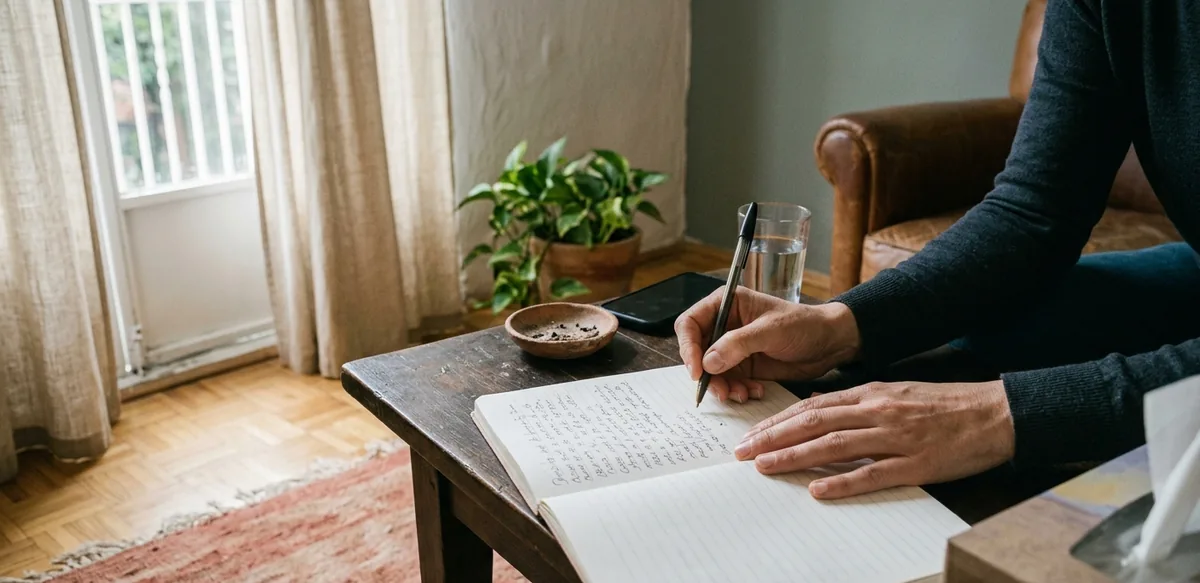 Psicóloga escribiendo notas de sesión en un cuaderno sobre una mesa de madera